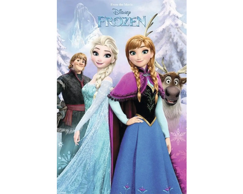 Filmový plakát Ledové království s postavami Anna, Elsa, Kristoff a sob Sven