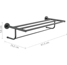 Držák na ručníky se třemi tyčemi o rozměrech 61,5 cm délka, 26,2 cm šířka a 5,6 cm výška.