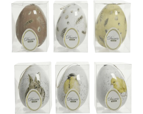 Šest dekorativních velikonočních vajíček s různými motivy v průhledných obalech