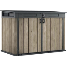 Zahradní skříň s dřevěným efektem a dvoukřídlými dveřmi pro uložení zahradního nářadí