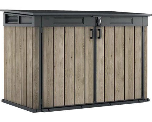 Zahradní skříň s dřevěným efektem a dvoukřídlými dveřmi pro uložení zahradního nářadí