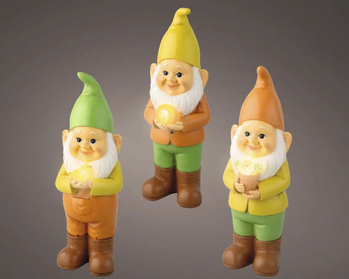 Zahradní trpaslík solární 9,5 x 10 x 28,5 cm 1 ks, různé barvy Tři zahradní trpaslíci se světelnými prvky pro dekoraci zahrad a venkovních prostor