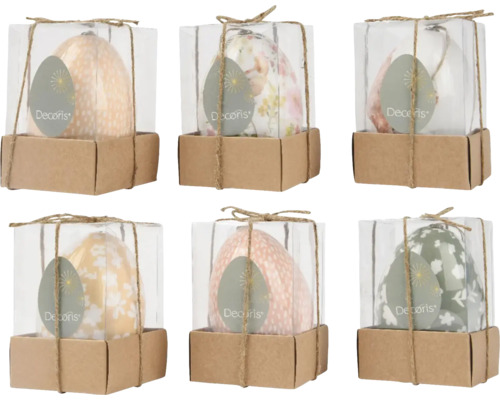 Šest dekorativních velikonočních vajíček v kartonech s průhledným víkem