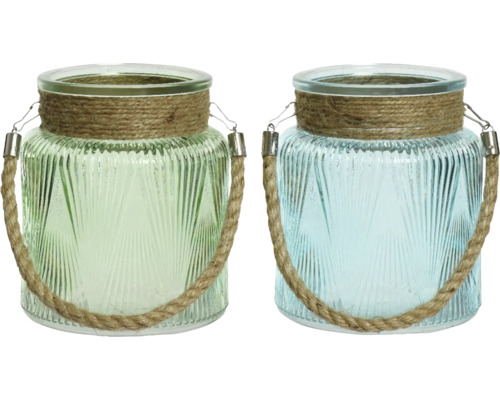 Svícen skleněný Ø 13,7 x 15,8 cm, různé druhy Dva skleněné svícny s provazovými držadly