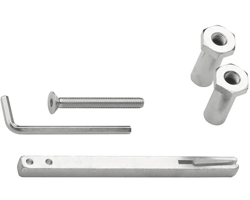 Upevňovací materiál sestávající ze šroubu, imbusového klíče, montážního nástroje a dvou korunových matic