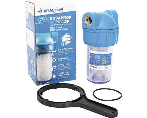 Dávkovací systém Atlas Filtri Dosaprop Mignon 2P s černým montážním klíčem a těsnicím kroužkem