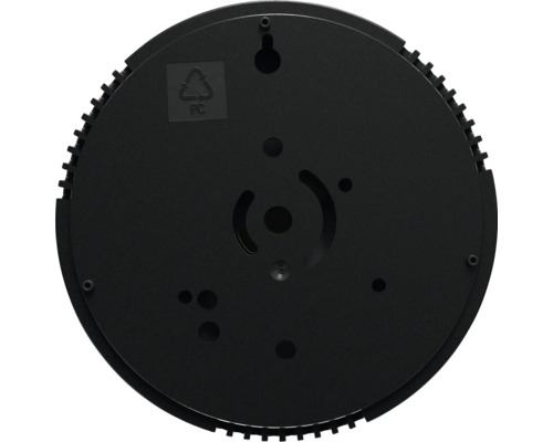 Kulaté černé LED světlo zespodu se symbolem recyklace PC a montážními otvory.