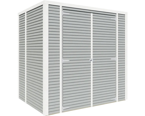 Kovový zahradní domek s dvoukřídlými dveřmi a vodorovným obkladem.