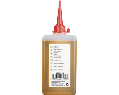 Řezný olej v plastové lahvi s červeným výtokem