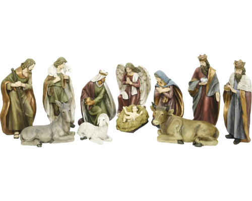 Sada figurek betlémů s Ježíškem, Marií, Josefem, andělem, třemi králi a zvířaty