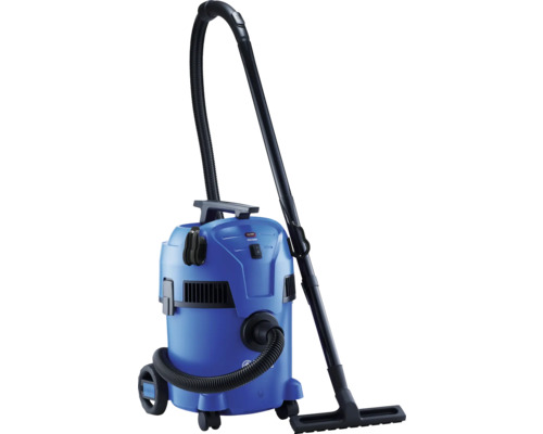 Modrý vysavač na mokré a suché vysávání s kolečky a hadicí