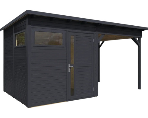 Dřevěný zahradní domek s oknem a stříškou