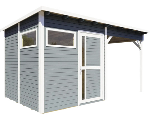 Dřevěný zahradní domek s dveřmi, okny a stříškou