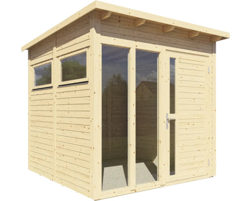 Dřevěný zahradní domek s okny a dveřmi