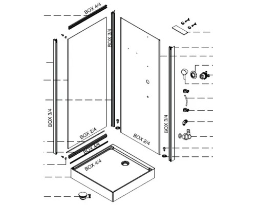 Rozkreslený nákres sprchového koutu se sprchovou vaničkou a armaturami.