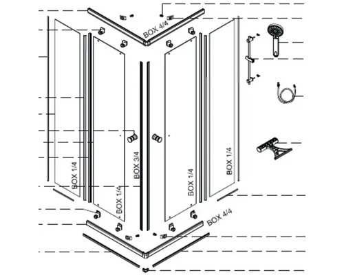 Rozkreslený nákres sprchového koutu s jednotlivými díly a montážním návodem