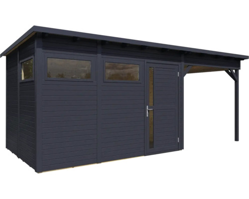 Dřevěný zahradní domek s okny, dveřmi a stříškou