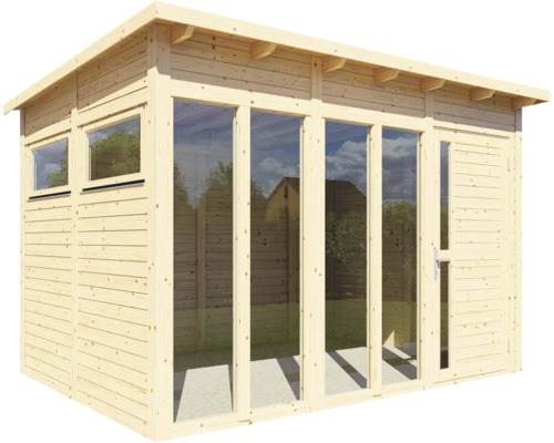 Dřevěný zahradní domek s okny a dveřmi