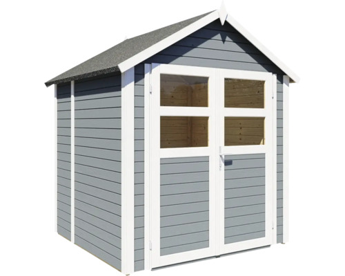 Dřevěný zahradní domek s dvoukřídlými dveřmi a okny