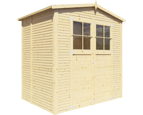 Dřevěný zahradní domek s dvoukřídlými dveřmi a okny