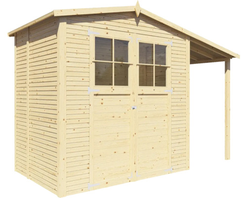 Dřevěný zahradní domek s dvoukřídlými dveřmi a markýzou