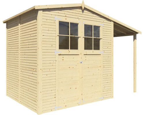 Dřevěný zahradní domek s okny a verandou