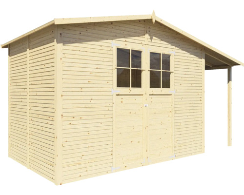 Dřevěný zahradní domek s dvoukřídlými dveřmi a okny