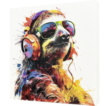 Plátno s lenochodem se sluchátky a slunečními brýlemi