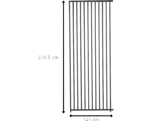 Obrázek plotového dílu o rozměrech 236,5 cm na výšku a 123 cm na šířku.