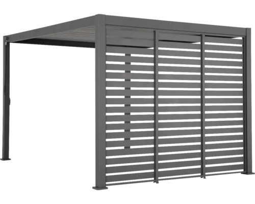 Šedá zahradní pergola s lamelovou stěnou