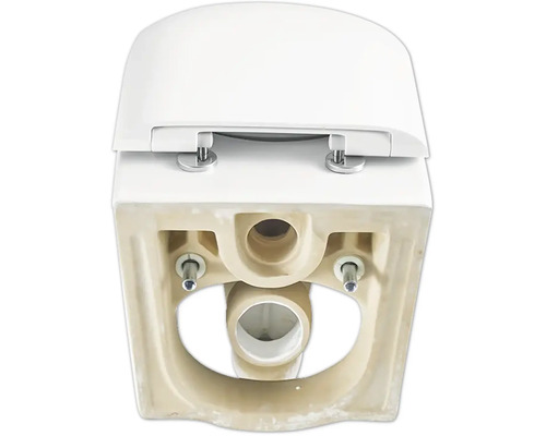 Pohled zespodu na toaletu s namontovaným záchodovým prkénkem