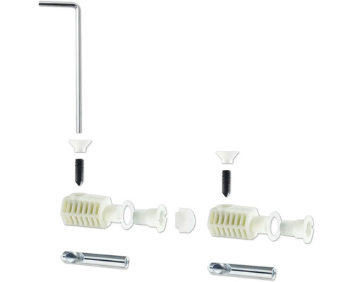 Rozložený pohled upevňovací sady s hmoždinkou, šroubem, těsnicím kroužkem, vrtákem a imbusovým klíčem