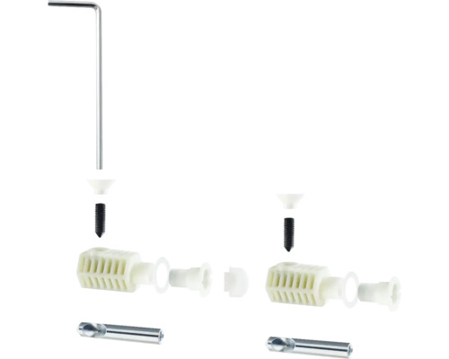 Jednotlivé hmoždinky se šroubem, imbusovým klíčem a vrtákem