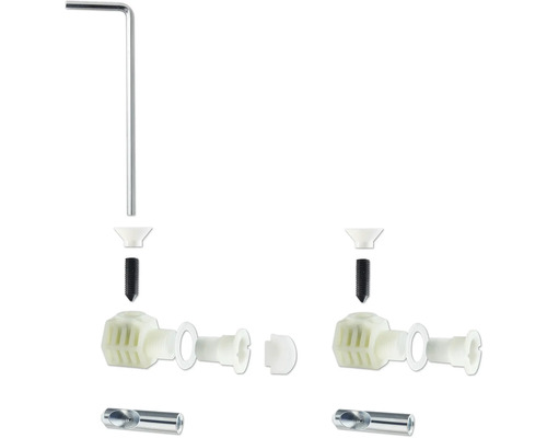 Rozkreslený nákres sanitární instalační sady se šrouby, těsněními a nástroji