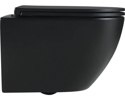 Černá závěsná toaleta s hlubokým splachováním a uzavřeným splachovacím kruhem