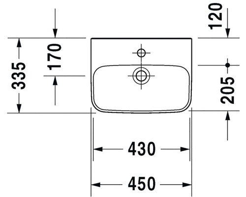 Technický nákres umyvadla s rozměry
