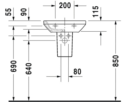 Technický nákres umyvadla s rozměry