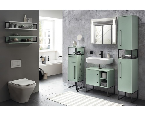 Moderní koupelna s mátově zeleným koupelnovým nábytkem, umyvadlem, zrcadlovou skříňkou a toaletou