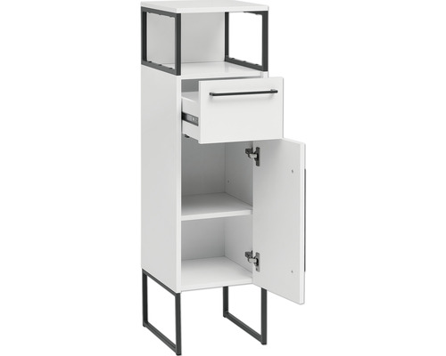 Bílá koupelnová skříňka s otevřenou zásuvkou a dvířky