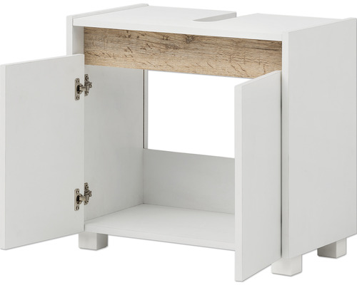 Skříňka pod umyvadlo v bílé barvě se dvěma otevřenými dvířky