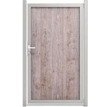 Zahradní branka s dřevěným vzhledem a kovovým rámem