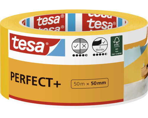 Maskovací páska Tesa Masking tape Perfect+ žlutá 50 m x 50 mm Malířská krepová páska Tesa Perfect Plus 50 metrů krát 50 milimetrů