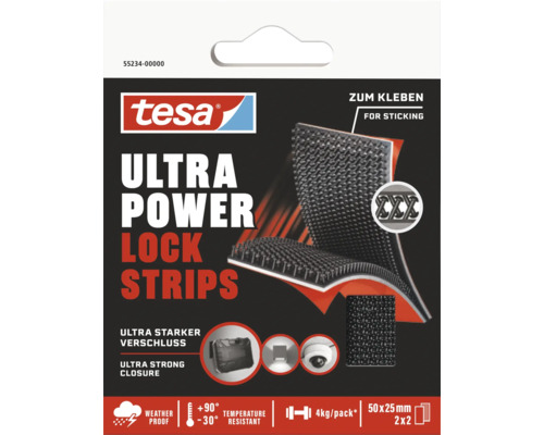 Suchý zip samolepicí Tesa Ultra Power Lock Strips černý 2 páry Tesa Ultra Power Lock Strips pro lepení, odolné proti povětrnostním vlivům a teplotám