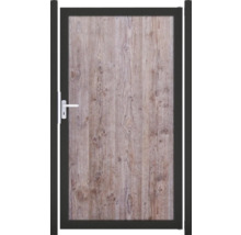 Zahradní branka s designem dřeva a černým rámem