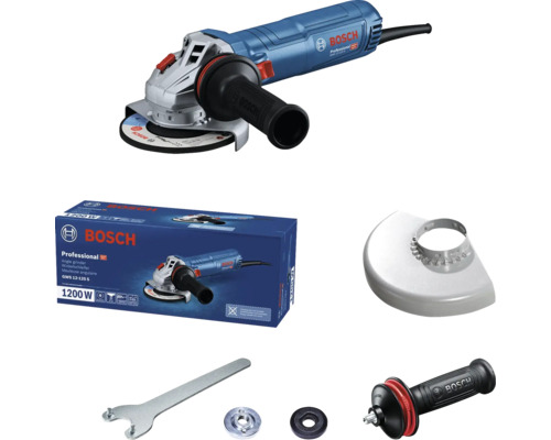Úhlová bruska Bosch Professional GWS 12-125 S, 1200 W 125 mm s regulací otáček 06013A6020 Úhlová bruska Bosch GWS 12-125 S v sadě s příslušenstvím a obalem produktu