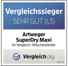 Zkušební pečeť Vergleich.org pro sušák na prádlo Artweger SuperDry Maxi s hodnocením velmi dobře