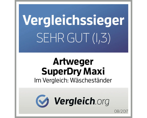 Zkušební pečeť Vergleich.org pro sušák na prádlo Artweger SuperDry Maxi s hodnocením velmi dobře