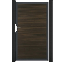 Dřevěná zahradní branka s kovovým rámem a rukojetí