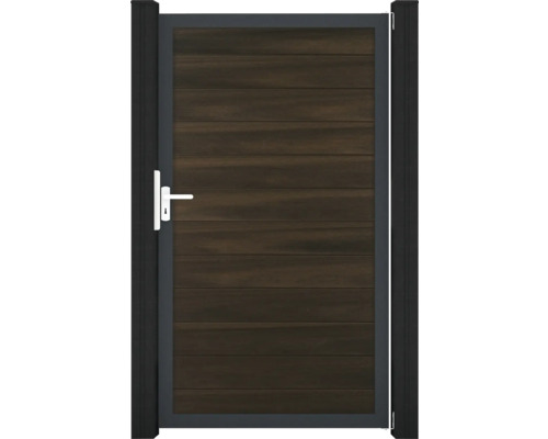 Dřevěná zahradní branka s kovovým rámem a rukojetí