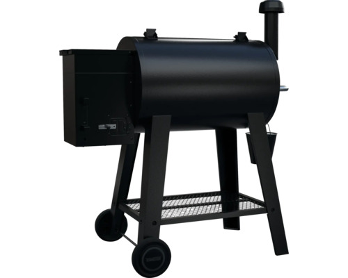 Černý gril na pelety s kolečkovým podvozkem a odkládací mřížkou